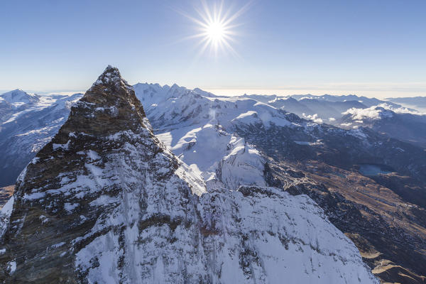 Aerial photo of the summit of the Matterhorn and Lake Goillet. Zermatt. Canton of Valais. Switzerland.