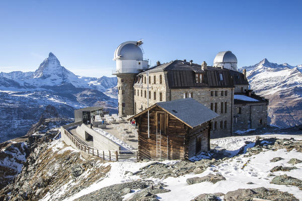 View of the Kulmhotel of Gornergrat surrounded by snow with Matterhorn on background Zermatt Canton of Valais Switzerland Europe