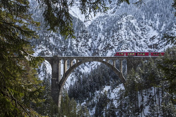 The red train on the Wiesener Viadukt surrounded by snowy mountains. Engadine. Canton of Graubuenden. Switzerland. Europe.