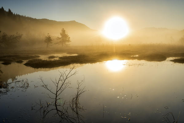 The sun warms the atmosphere at Pian di Gembro. Aprica. Valcamonica. Valtellina. Lombardy. Italy. Europe