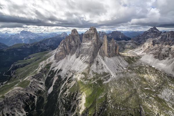 Aerial view of the Three Peaks of Lavaredo from the side of Auronzo of Cadore. Veneto. Italy. Europe