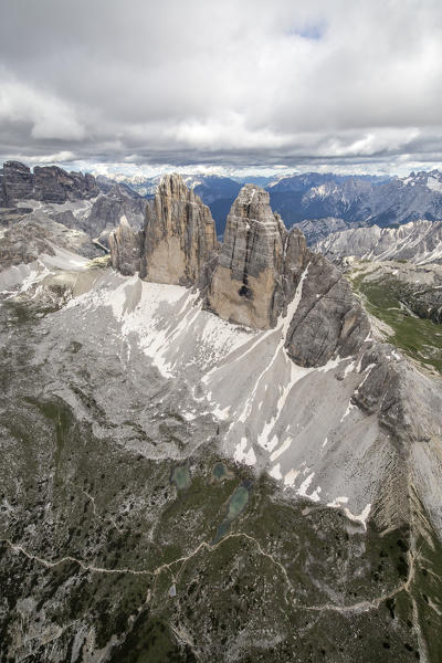 Aerial view of the Three Peaks of Lavaredo. Dolomites. Cadore. Veneto. Italy. Europe