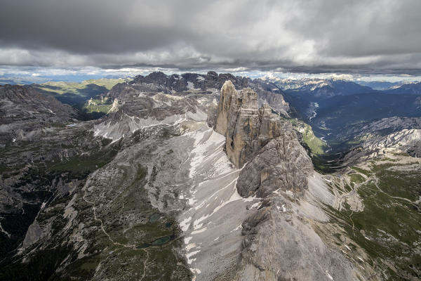 Aerial view of the Three Peaks of Lavaredo on a cloudy day. Dolomites. Cadore. Veneto. Italy. Europe