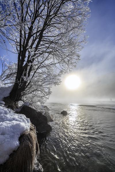 The sun filters through the dense fog surrounding Sils. Engadine. Switzerland. Europe