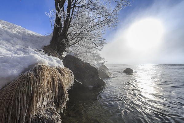 The sun illuminates and warms the icy banks of the River Inn. Sils. Engadine. Switzerland. Europe