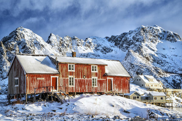 Typical red house of Lofoten Islands. Henningsvaer. Norway. Europe