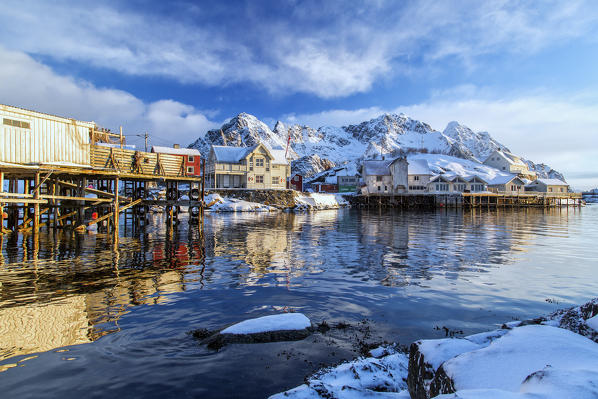 The houses of Henningsvaer port are heated by the sun. Lofoten Islands. Norway. Europe