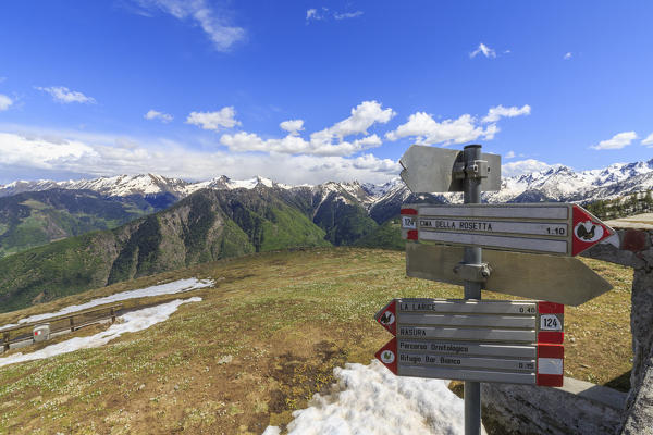 Signage for hikers in transit on Orobie Alps. Valtellina. Lombardy. Italy. Europe