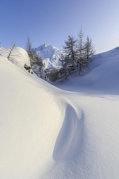 The Piz de la Margna seen from a snow covered valley at the Maloja Pass. Canton of Graubunden. Engadine. Switzerland. Europe