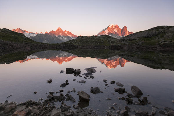 Panorama of the mountain range of Mont Blanc from Lac de Cheserys at sunset. Haute Savoie. France Europe
