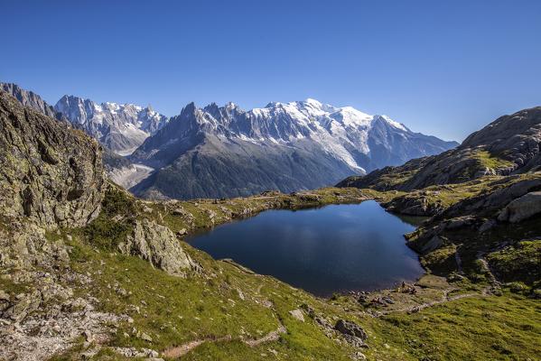 Panorama of the mountain range of Mont Blanc from Lac De Cheserys. Haute Savoie. France Europe