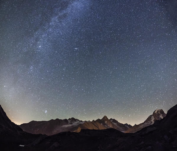 Starry sky over Mont Blanc range seen from Lac de Chesery. Haute Savoie. France