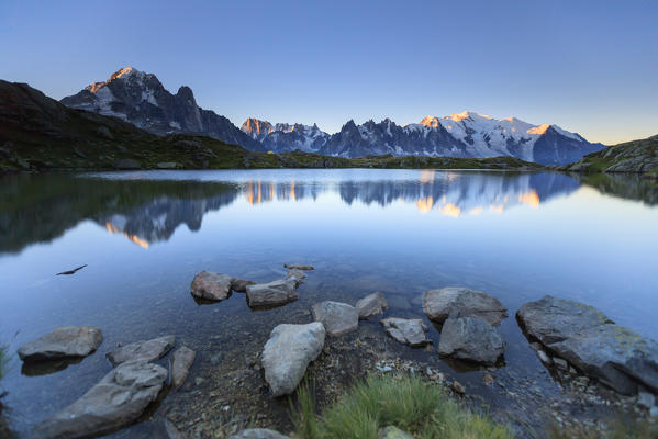 Mont Blanc range seen from Lac de Chesery. Haute Savoie. France Europe