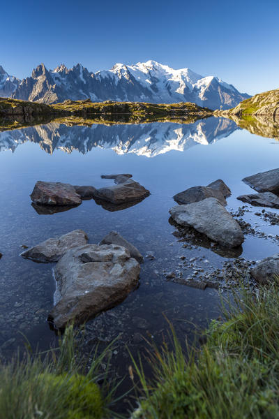 Sunrise over  Lac de Cheserys. In the background the range of Mont Blanc. Haute Savoie. France Europe