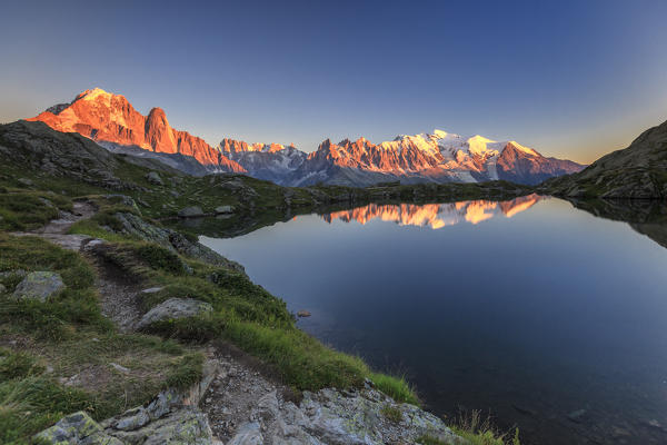 Mont Blanc reflected on Lac de Chesery at sunset. Haute Savoie France Europe