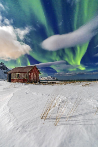 Northern Lights over an abandoned log cabin surrounded by snow and ice. Flakstad. Lofoten Islands Northern Norway Europe