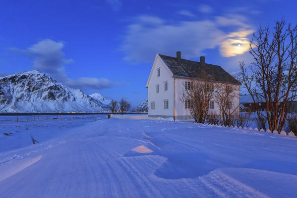 Typical house surrounded by snow in a cold winter day at dusk. Flakstad Lofoten Islands Norway Europe