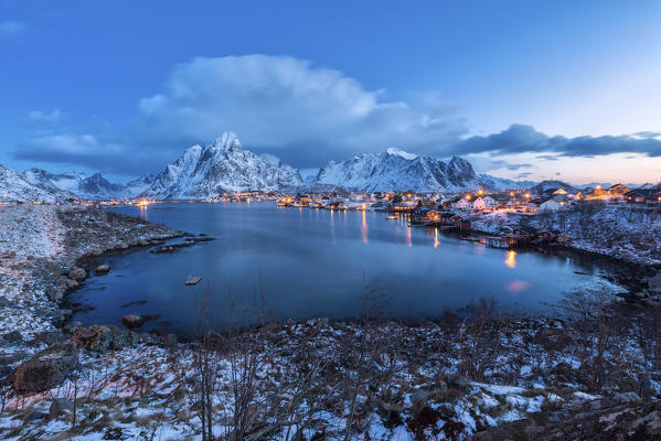 Blue of dusk dominates the scenery in Reine. Lofoten Islands Northern Norway Europe