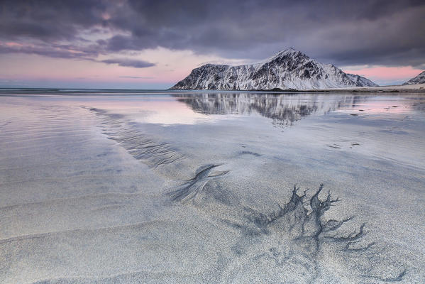Pink sky on Skagsanden beach surrounded by snow covered mountains reflected in the cold sea. Lofoten Islands Norway Europe