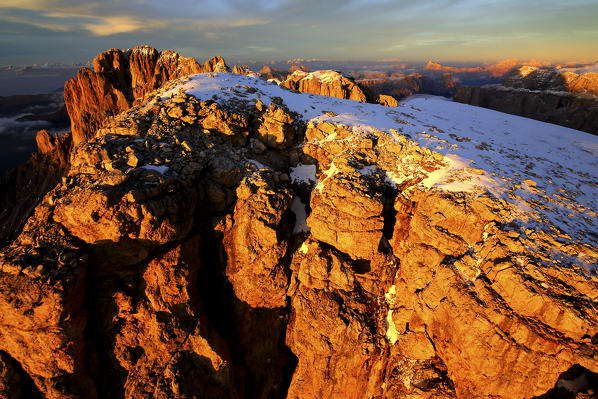 Aerial shot of Sassolungo and Sassopiatto at sunset. Sella Group Val Gardena. Dolomites Trentino Alto Adige Italy Europe