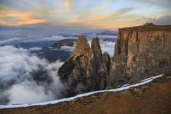 Aerial view of Santner peak at sunset. Sciliar Natural Park. Plateau of Siusi Alp. Dolomites. Trentino Alto Adige. Italy Europe