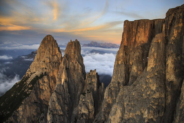 Aerial view of Santner peak at sunset. Sciliar Natural Park. Plateau of Siusi Alp. Dolomites. Trentino Alto Adige. Italy Europe