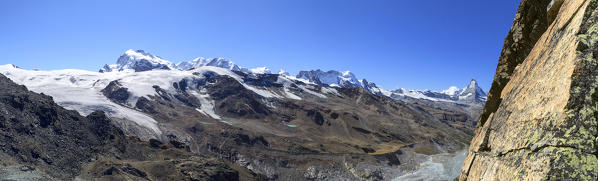Panoramic view of the mountain Liskamm part of the Mount Rosa massif. Zermatt Canton of Valais Pennine Alps Switzerland Europe