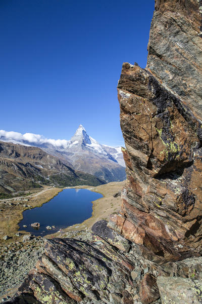 The tip of the Matterhorn is reflected in Stellisee. Zermatt Canton of Valais Pennine Alps Switzerland Europe