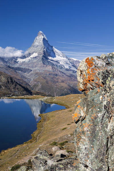 The tip of the Matterhorn is reflected in Stellisee. Zermatt Canton of Valais Pennine Alps Switzerland Europe