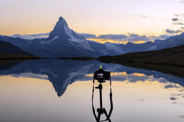 Camera positioned towards the Matterhorn at sunset from Stellisee. Zermatt Valais Pennine Alps Switzerland Europe