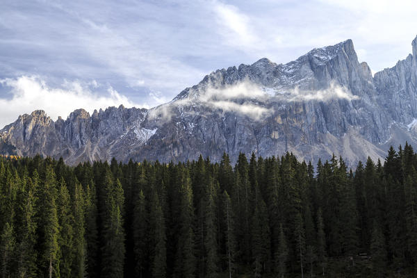 Latemar group seen from Lake Carezza. Fiemme Dolomites South Tyrol Trentino Alto Adige Italy