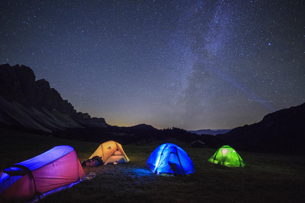 Camping under the stars. Malga Zannes Funes Valley South Tyrol Dolomites Italy Europe
