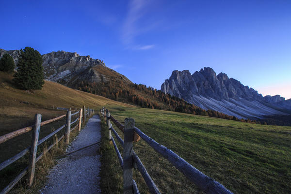 Green meadows and colorful woods in autumn frame the Odle. Funes Valley South Tyrol Dolomites Italy Europe