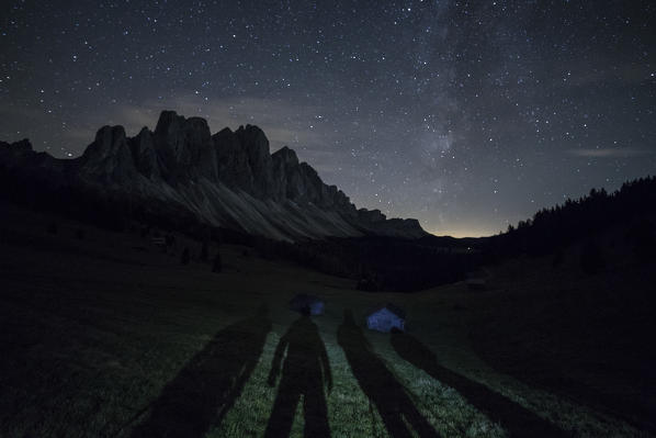 The Milky Way in the  starry sky above the Odle. Funes Valley South Tyrol Dolomites Italy Europe