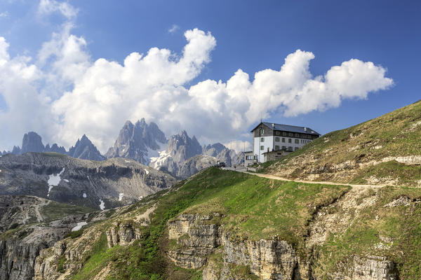 Panoramic view of Cadini di Misurina and Auronzo refuge. Veneto Sesto Dolomites Italy Europe