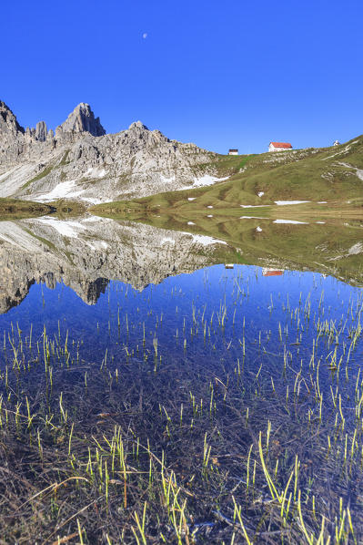 View from Laghi dei Piani of Refuge Locatelli and Mount Paterno. Sesto Dolomites Trentino Alto Adige Italy Europe