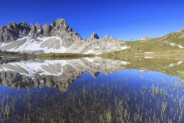 View from Lakes of Plans of Refuge Locatelli and Mount Paterno. Sesto Dolomites Trentino Alto Adige Italy Europe