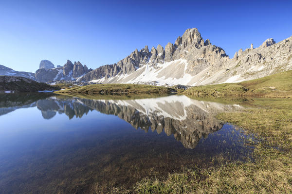 Mount Paterno reflected in  Laghi dei Piani. Sesto Dolomites Trentino Alto Adige Italy Europe