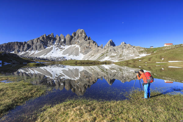 The photographer captures the Mount Paterno reflected in  the lake. Sesto Dolomites Trentino Alto Adige Italy Europe
