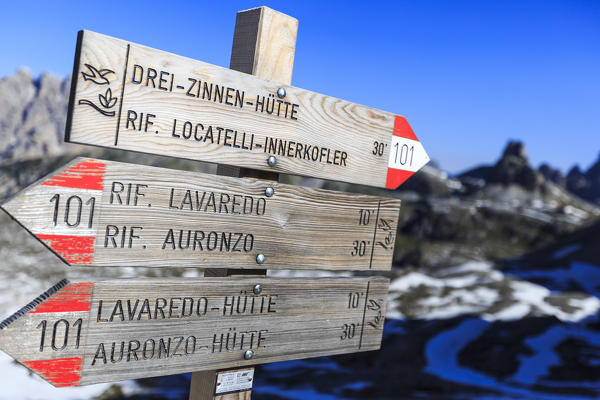 Signs indicate the paths for walkers. Sesto Dolomites Trentino Alto Adige Italy Europe
