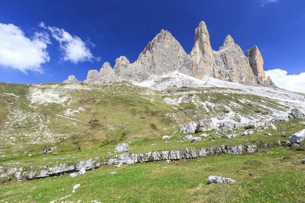 Views of the Three Peaks of Lavaredo on a summer day. Sesto Dolomites Trentino Alto Adige Italy Europe