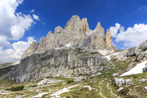 Views of the Three Peaks of Lavaredo on a summer day. Sesto Dolomites Trentino Alto Adige Italy Europe