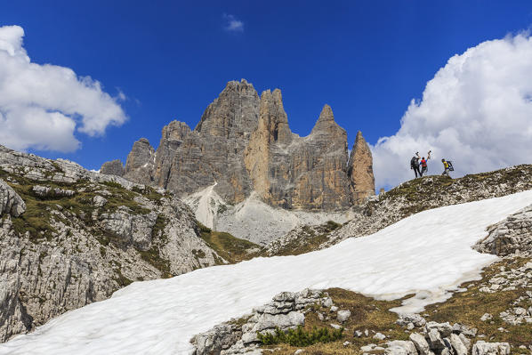 Views of the Three Peaks of Lavaredo on a summer day. Sesto Dolomites Trentino Alto Adige Italy Europe