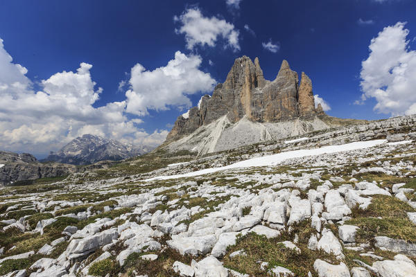 Views of the Three Peaks of Lavaredo on a summer day. Sesto Dolomites Trentino Alto Adige Italy Europe