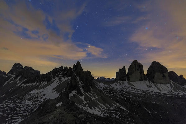 Starry night frame the Three Peaks of Lavaredo Sesto Dolomites Trentino Alto Adige Italy Europe