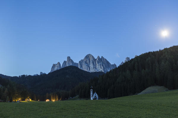 Ranui church at night. St. Magdalena Funes Valley South Tyrol Dolomites Italy Europe