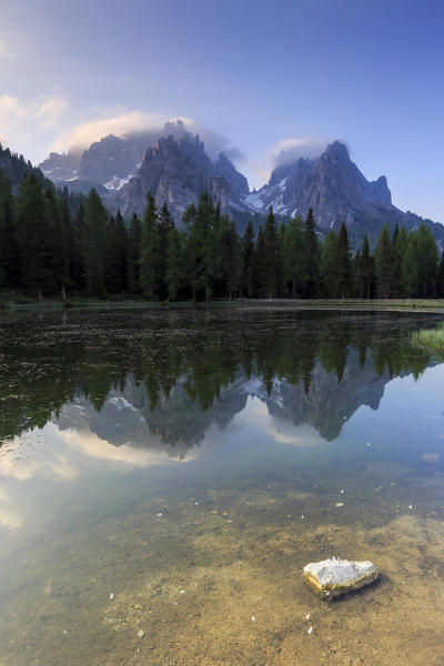 Cadini di Misurina group is  reflected in Lake Antorno. Auronzo of Cadore Veneto Sesto Dolomites Italy Europe