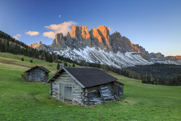 The group of Odle views from Gampen Malga at dawn. Funes Valley. Dolomites South Tyrol Italy Europe