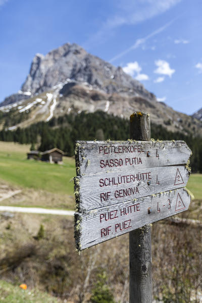 Signboards for tourists and hikers at Passo Delle Erbe. Sass de Putia. Puez Odle South Tyrol Dolomites Italy Europe