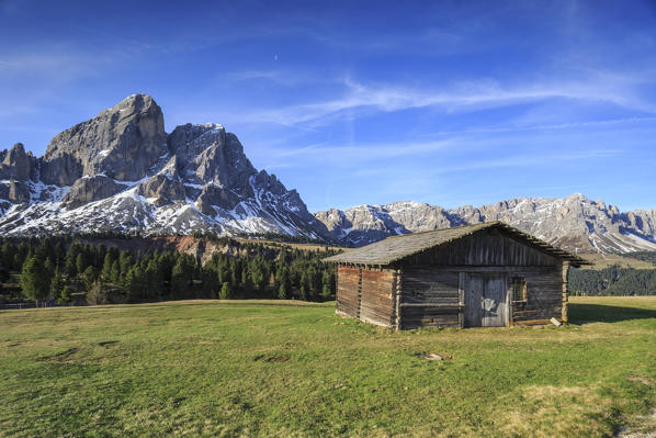 Sass de Putia in background enriched by green meadows. Passo delle Erbe. Puez Odle South Tyrol Dolomites Italy Europe